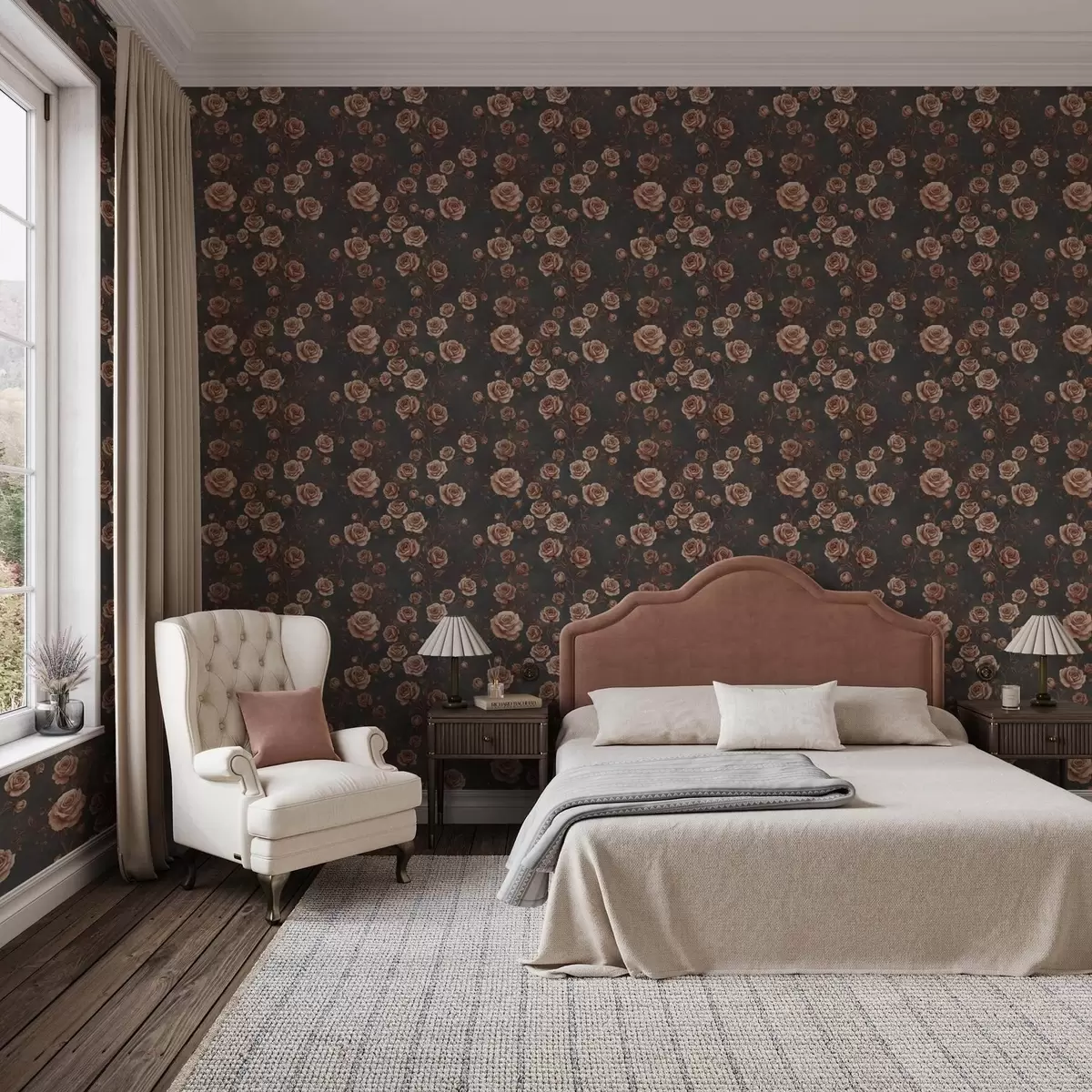 Тапети Ретро рози на графитен фон, теракотова палитра a00497v1