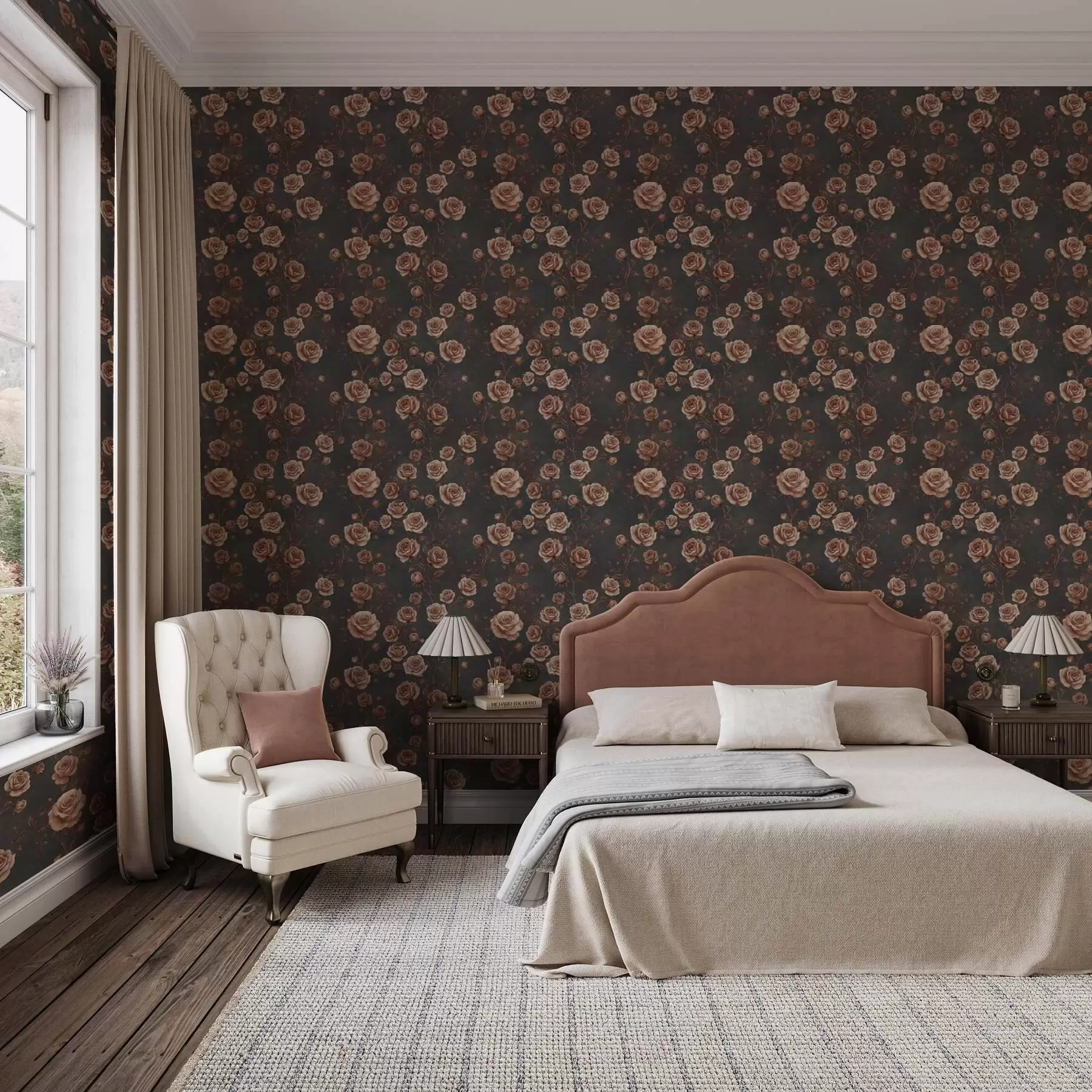 Фототапет Ретро рози на графитен фон, теракотова палитра a00497v1