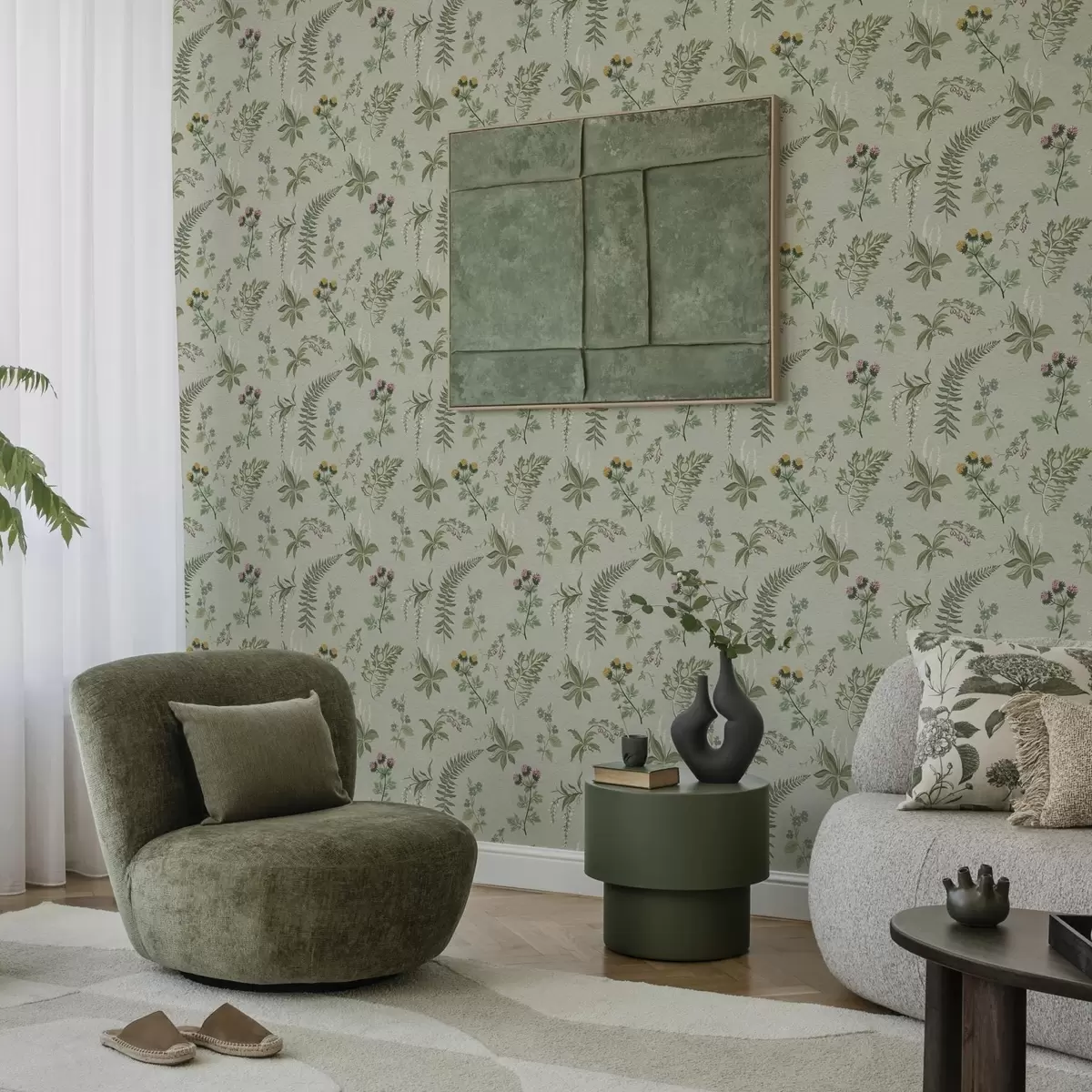 Тапети Ботанически треви и папрати в бледо сиво-зелено a00498