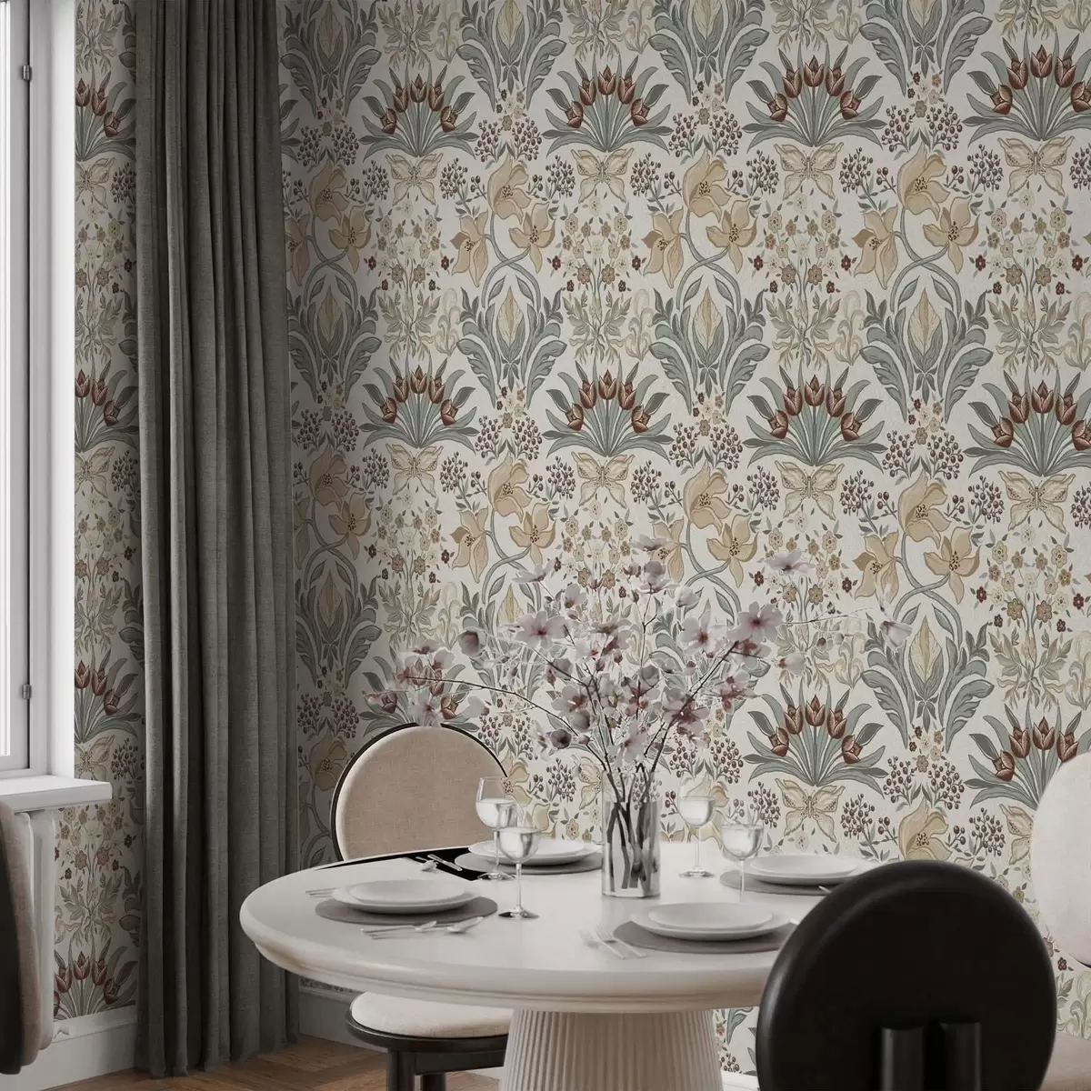 Тапети Декоративни лилии и пеперуда на кремав фон a00500