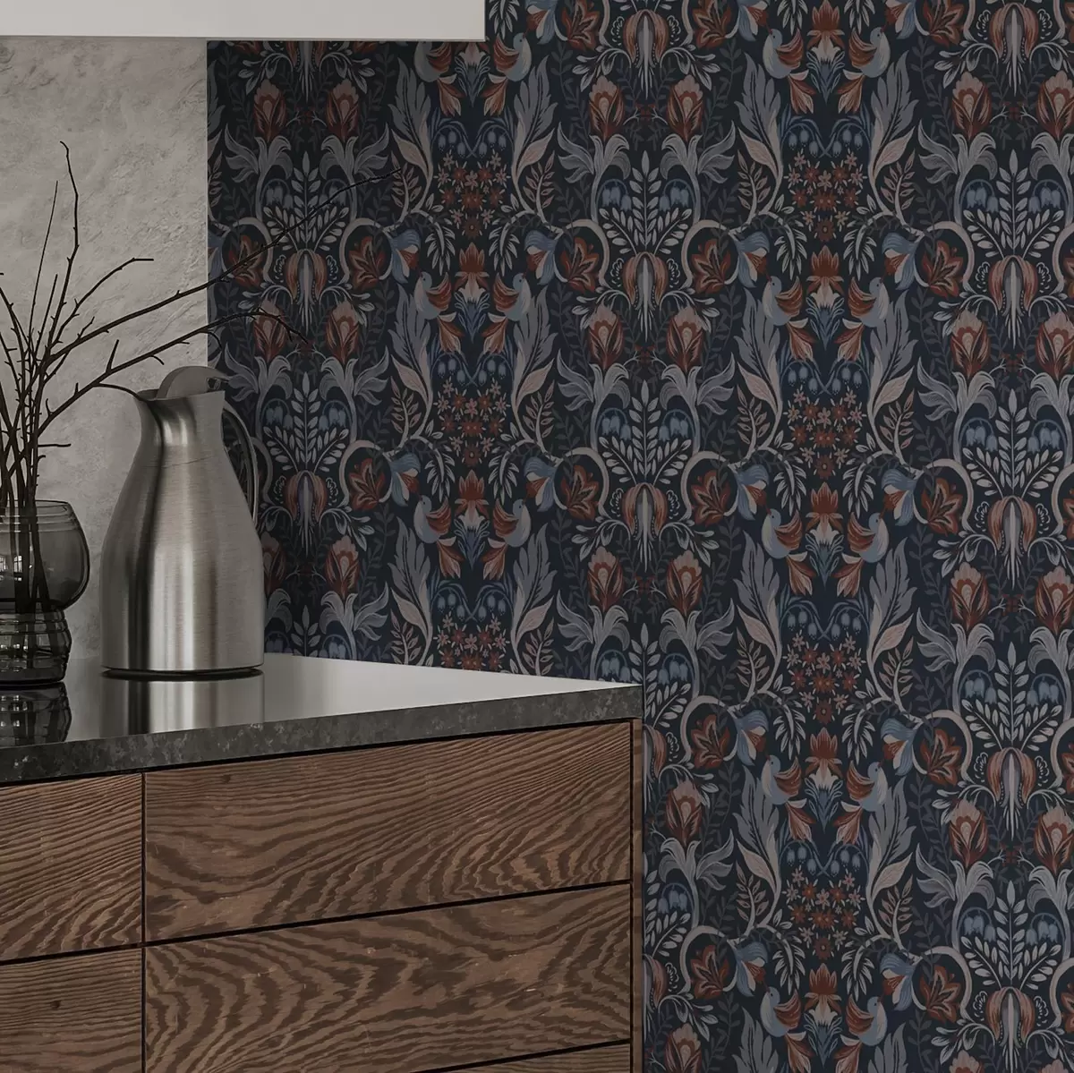 Тапети Народен орнамент с птици, тъмно синьо a00502v1