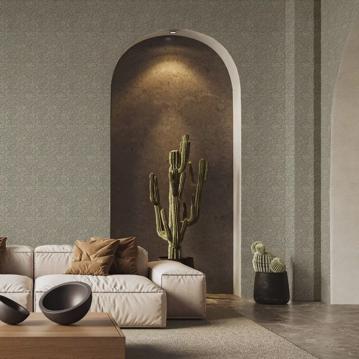 Тапети Стил „Морис“: бежови клони на сиво-зелен фон a00569