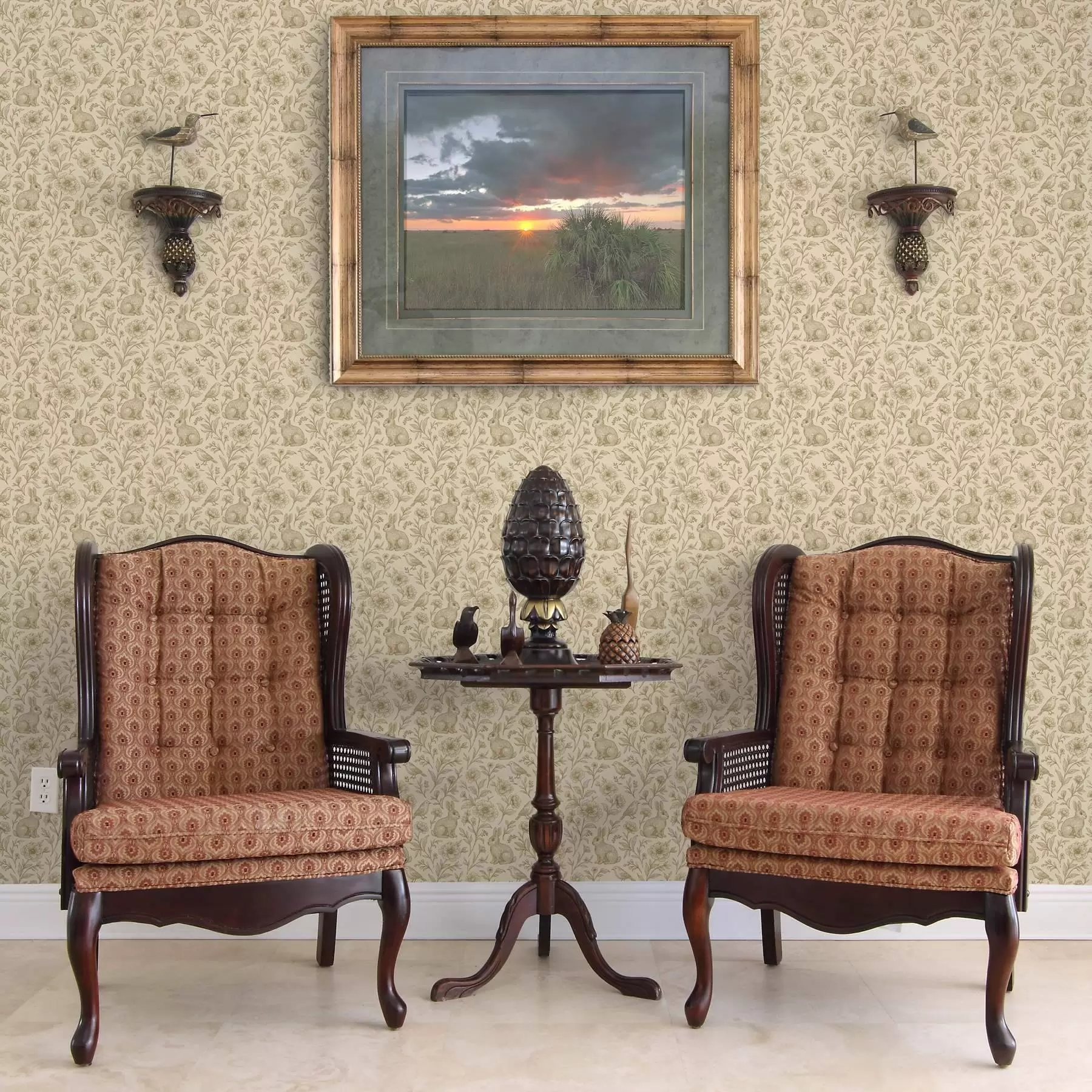 Фототапет Зайци и птици в флорален мотив a00571