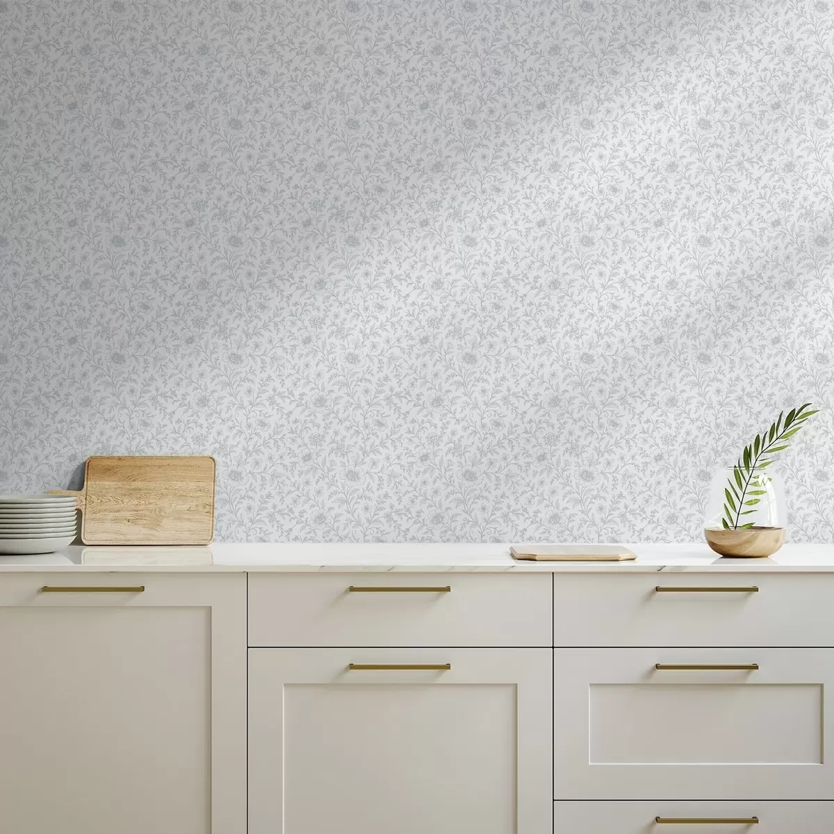 Тапети Фини сини линии, изобразяващи цветя, на кремаво-бял фон a00576