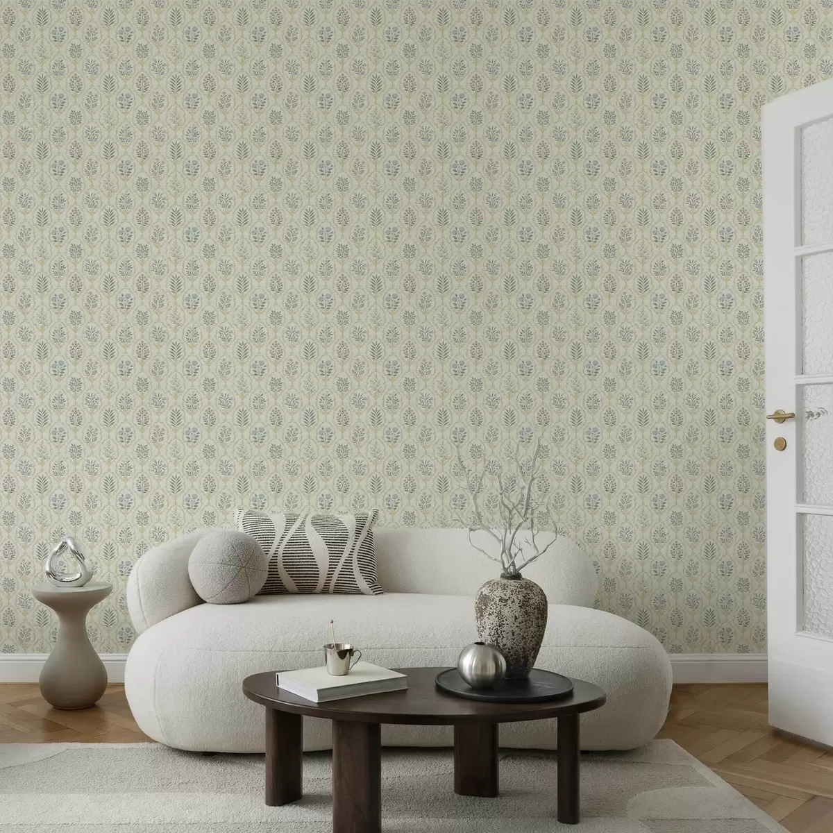 Тапети Ботанически медальони в решетка, пастелни тонове a00579