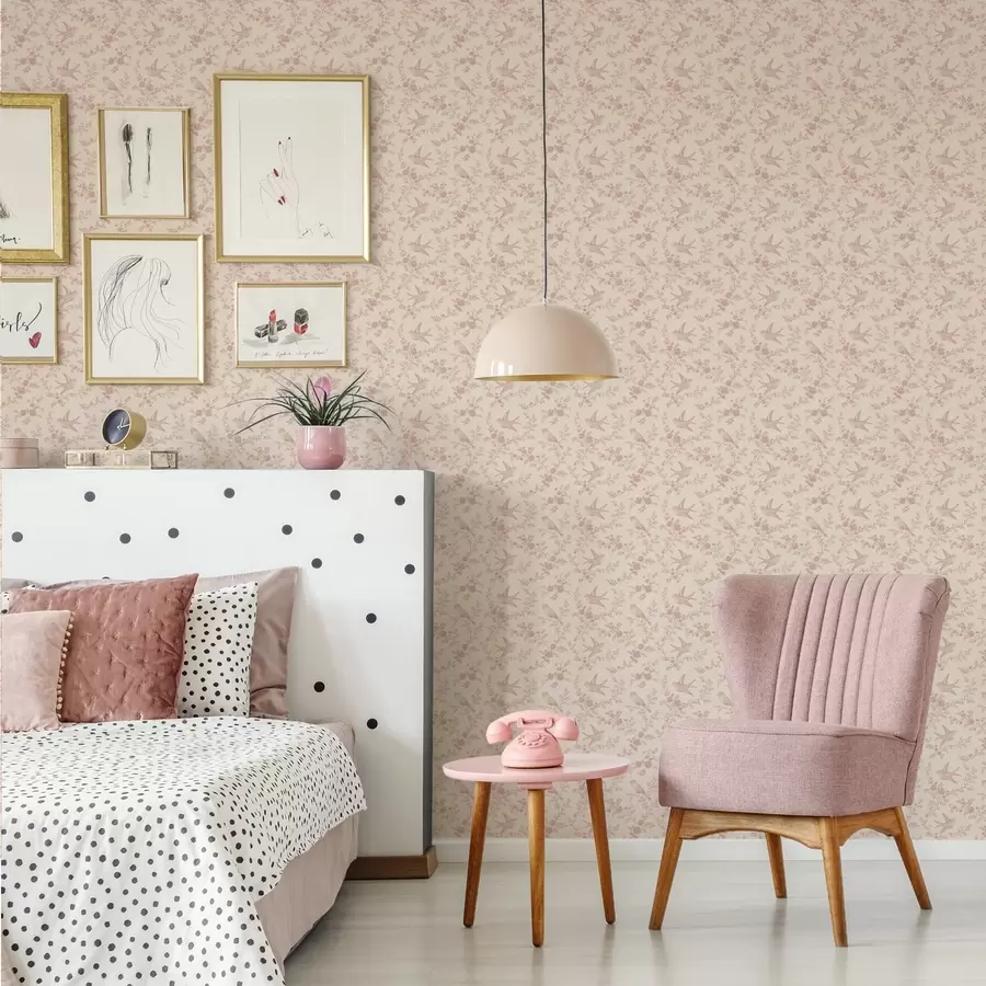 Фототапет Птици и рози, ретро мотив върху прахово розово a00587