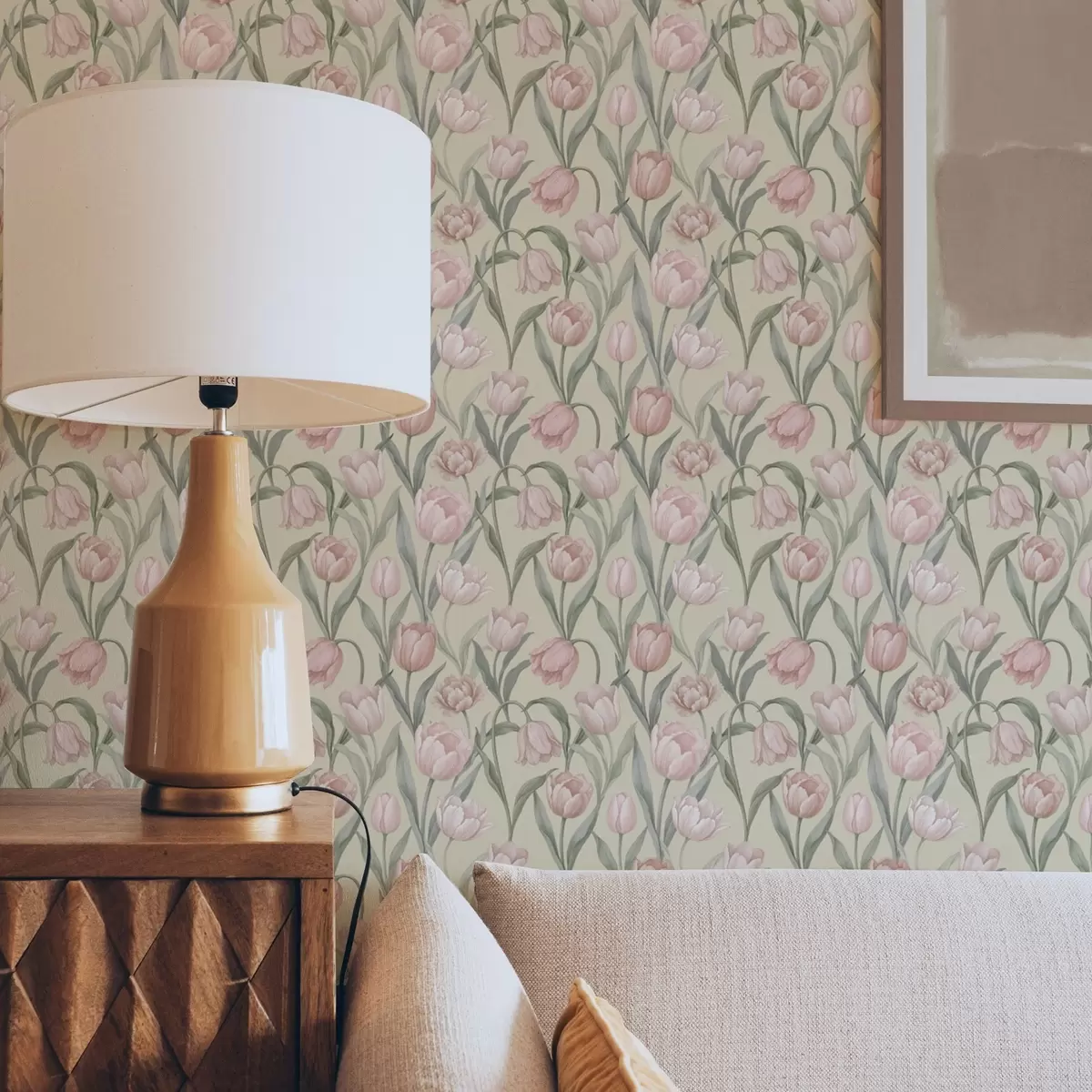 Тапети Нежни розови лалета на бледобежов фон a00589