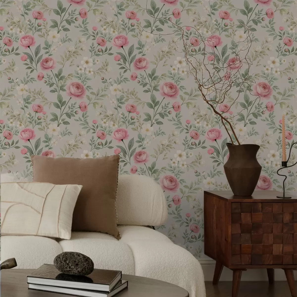 Тапети Акварелни божури и бели цветя върху сиво-бежов фон a00592