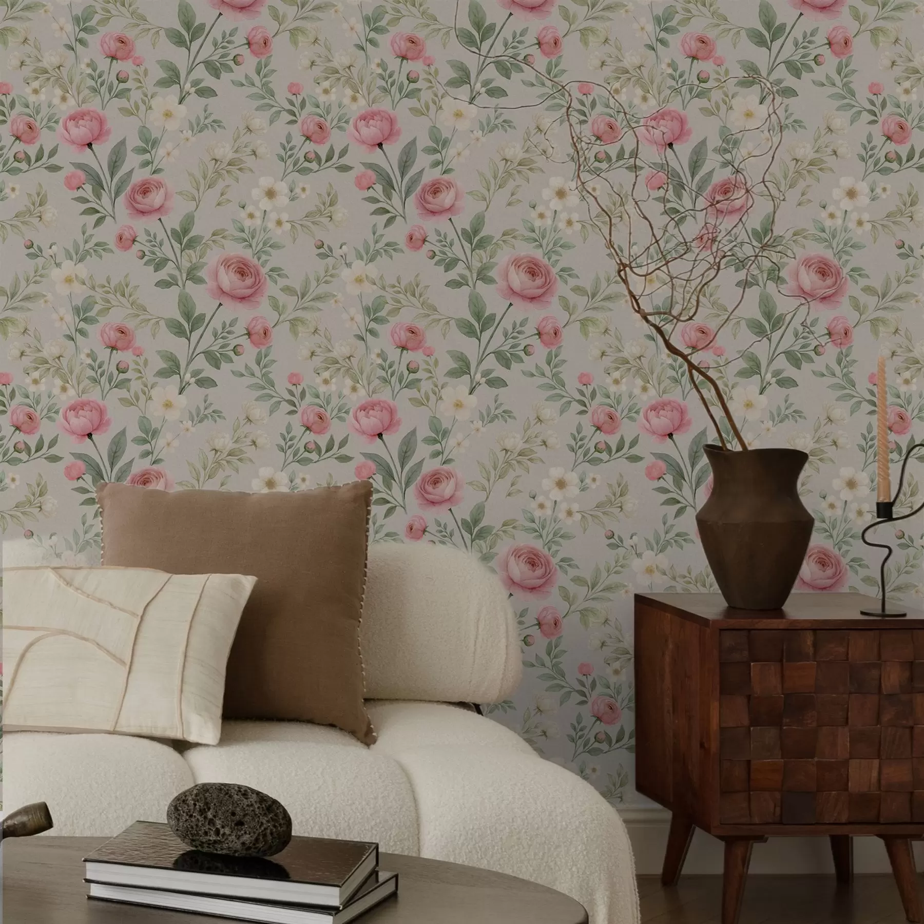 Фототапет Акварелни божури и бели цветя върху сиво-бежов фон a00592