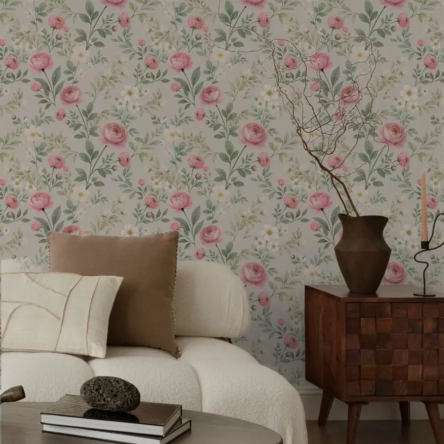 Фототапет Акварелни божури и бели цветя върху сиво-бежов фон a00592