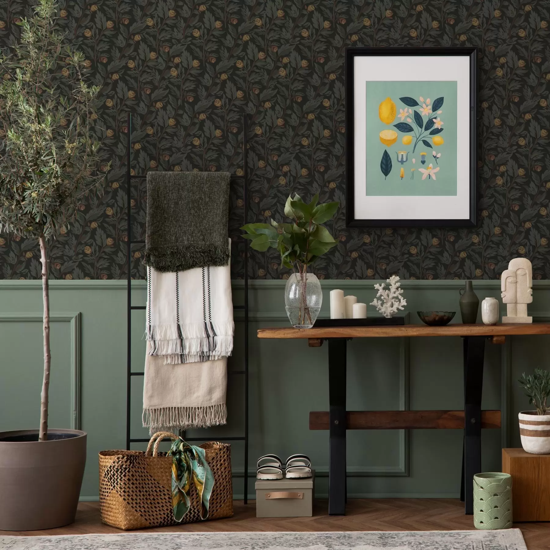 Фототапет Тъмно флорален мотив с жълти пъпки и листа a00598