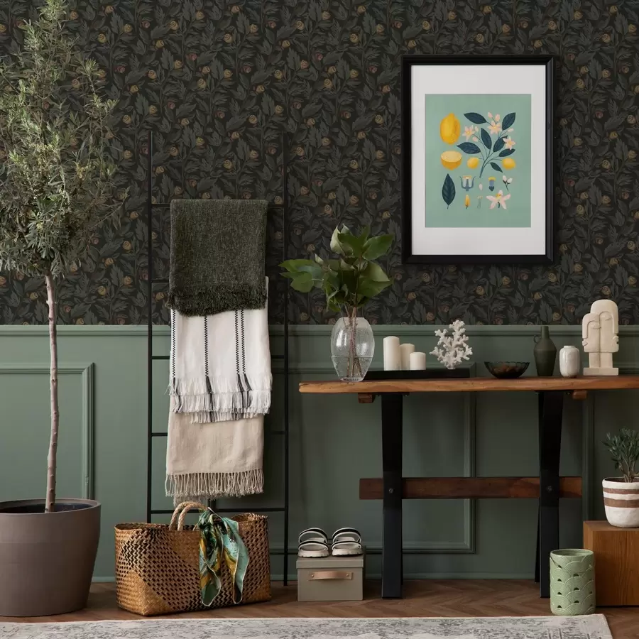 Фототапет Тъмно флорален мотив с жълти пъпки и листа a00598