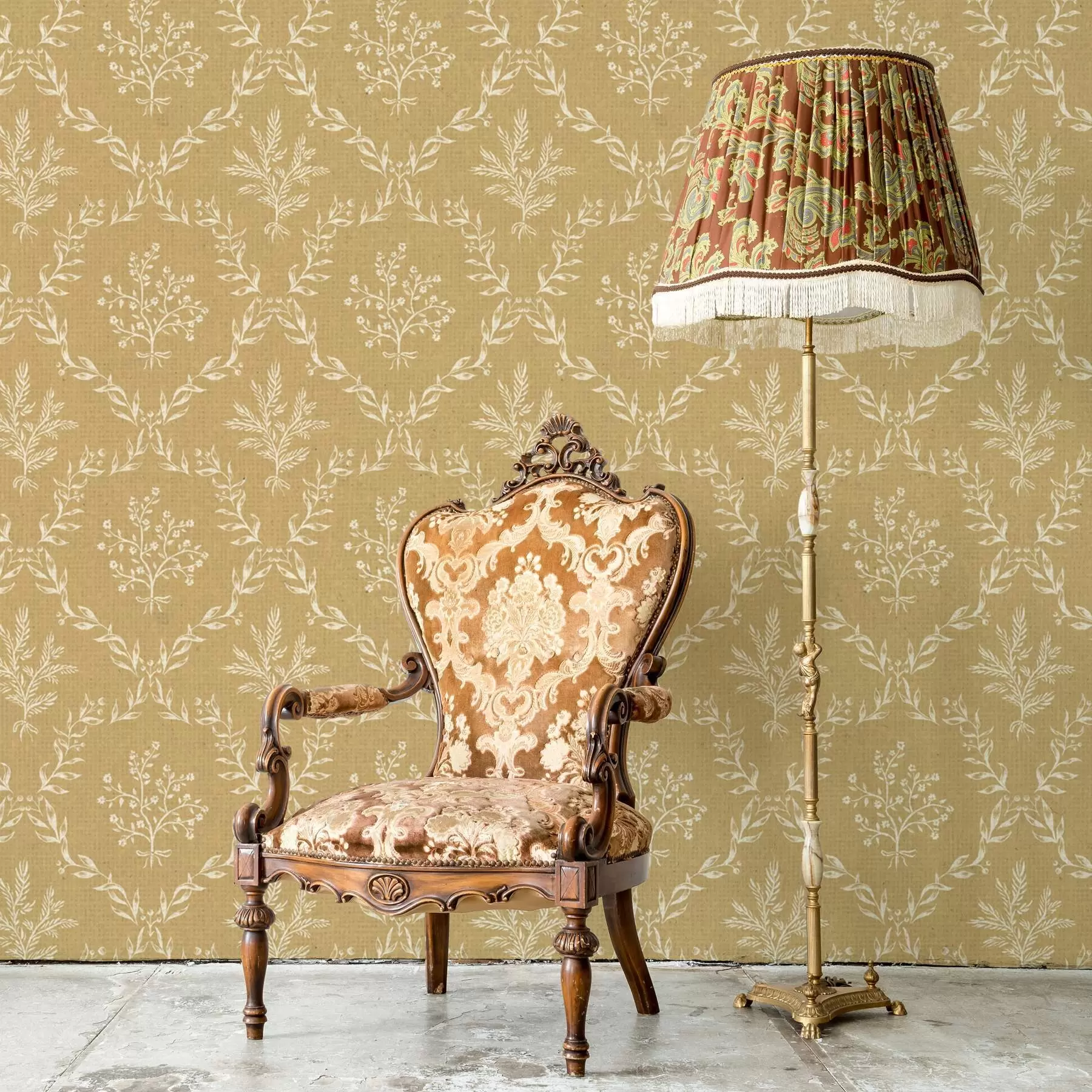 Фототапет Бели венци от билки и цветя на горчичен фон a00599