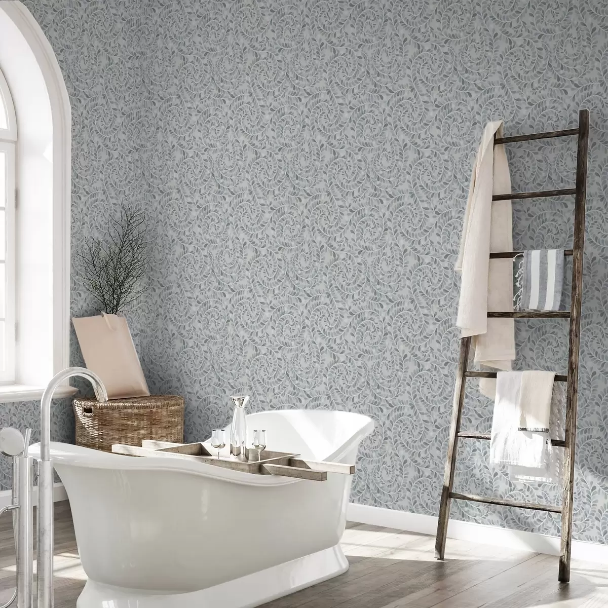 Тапети Спираловидни листа в синьо-сиво-зелена палитра a00602