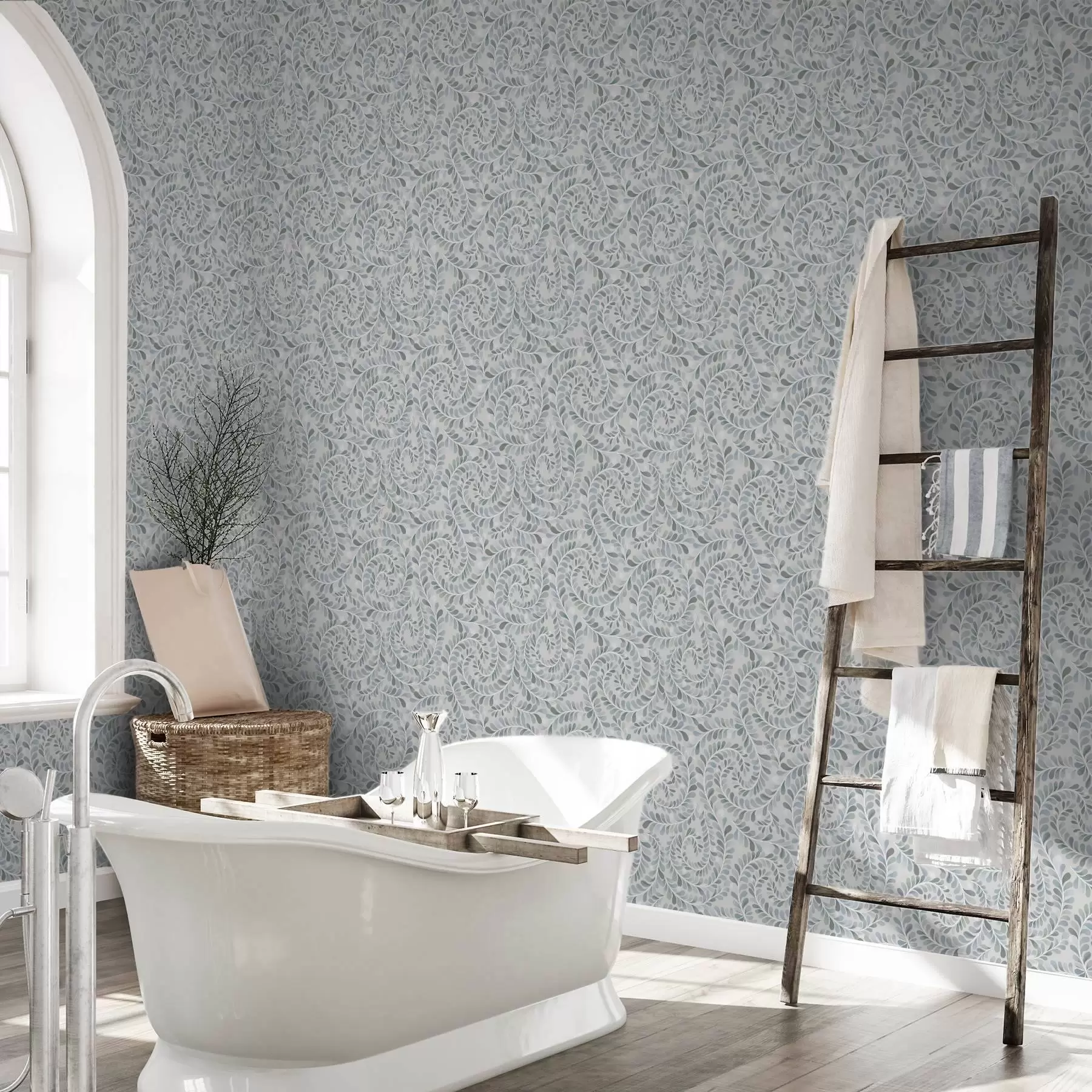 Фототапет Спираловидни листа в синьо-сиво-зелена палитра a00602