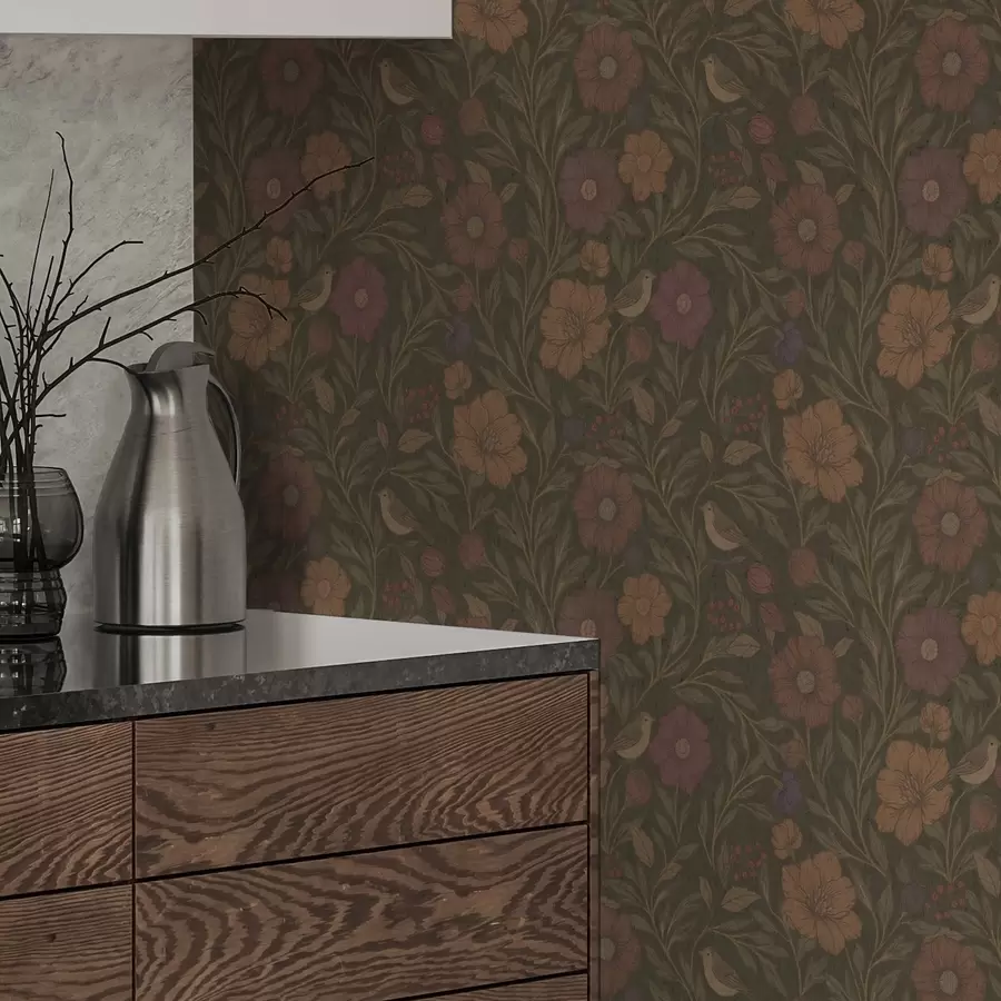 Фототапет Есенни цветя и птици на маслинено-кафяв фон a00605