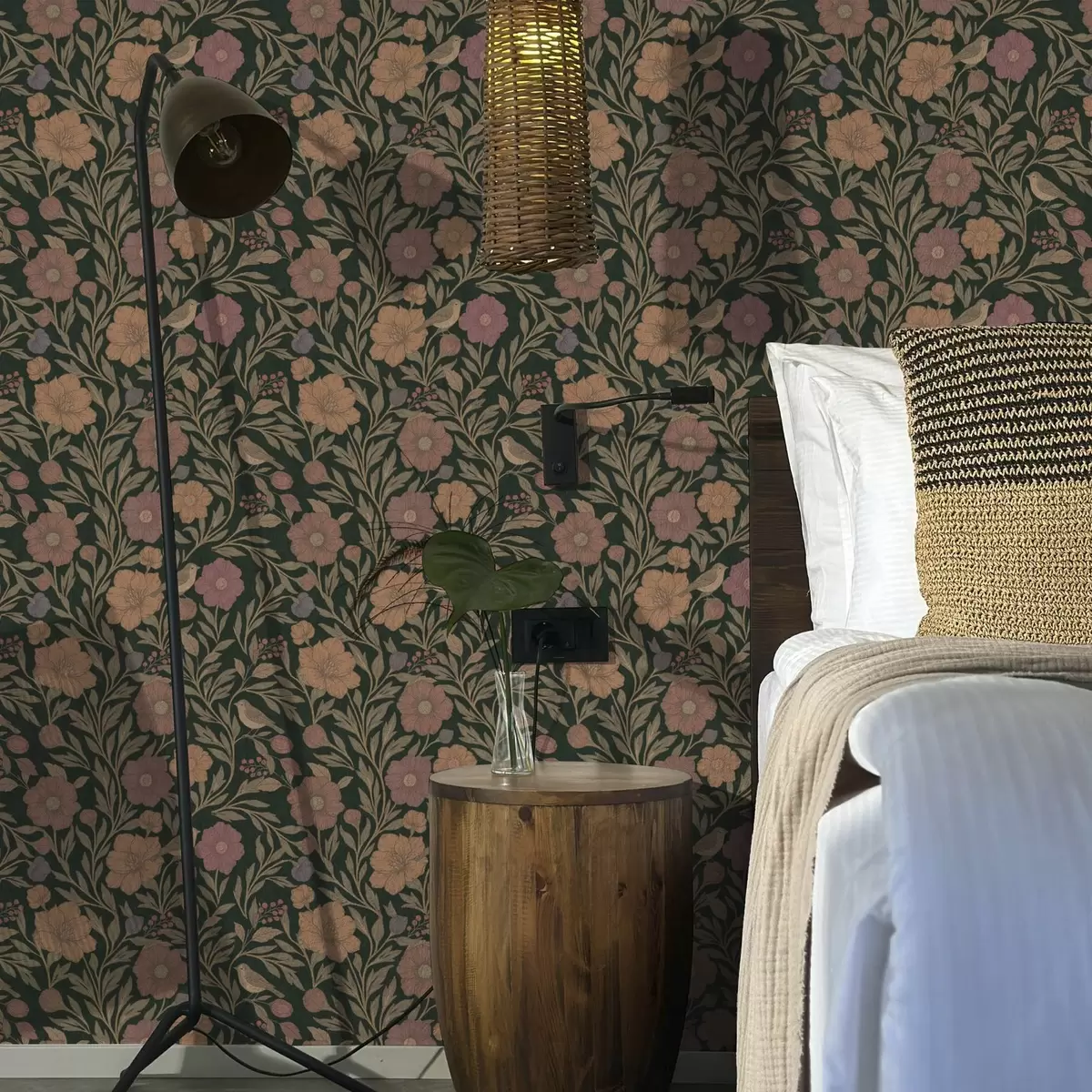 Тапети Есенни цветя и птици на тъмнозелен фон a00605v1