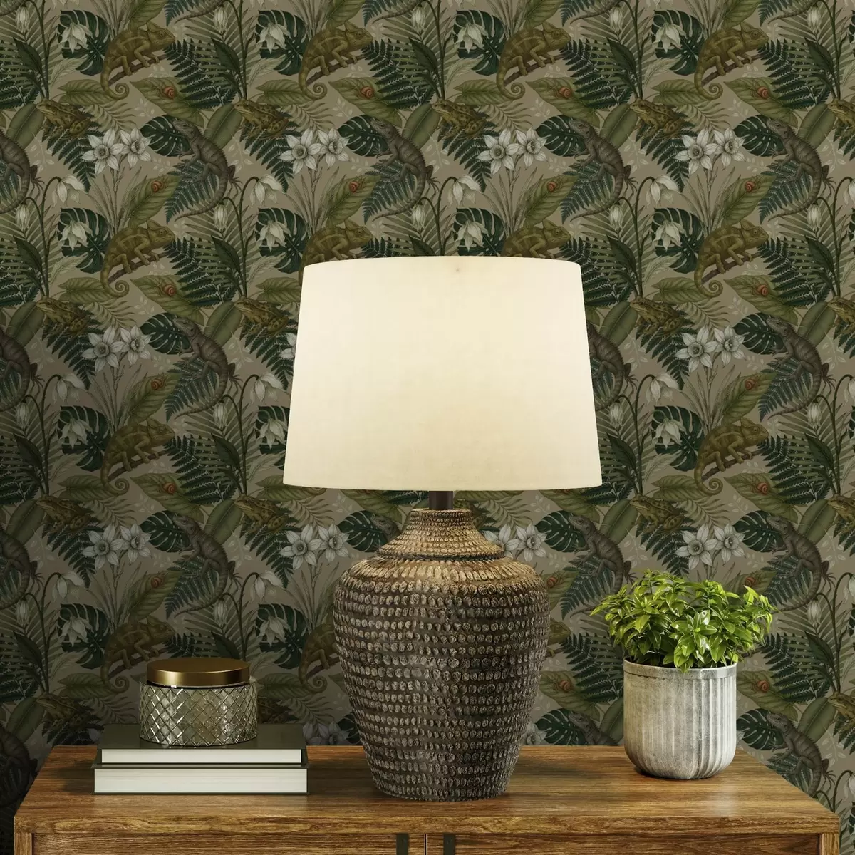 Тапети Хамелеони и тропически листа, бели цветя, бежова основа a00608