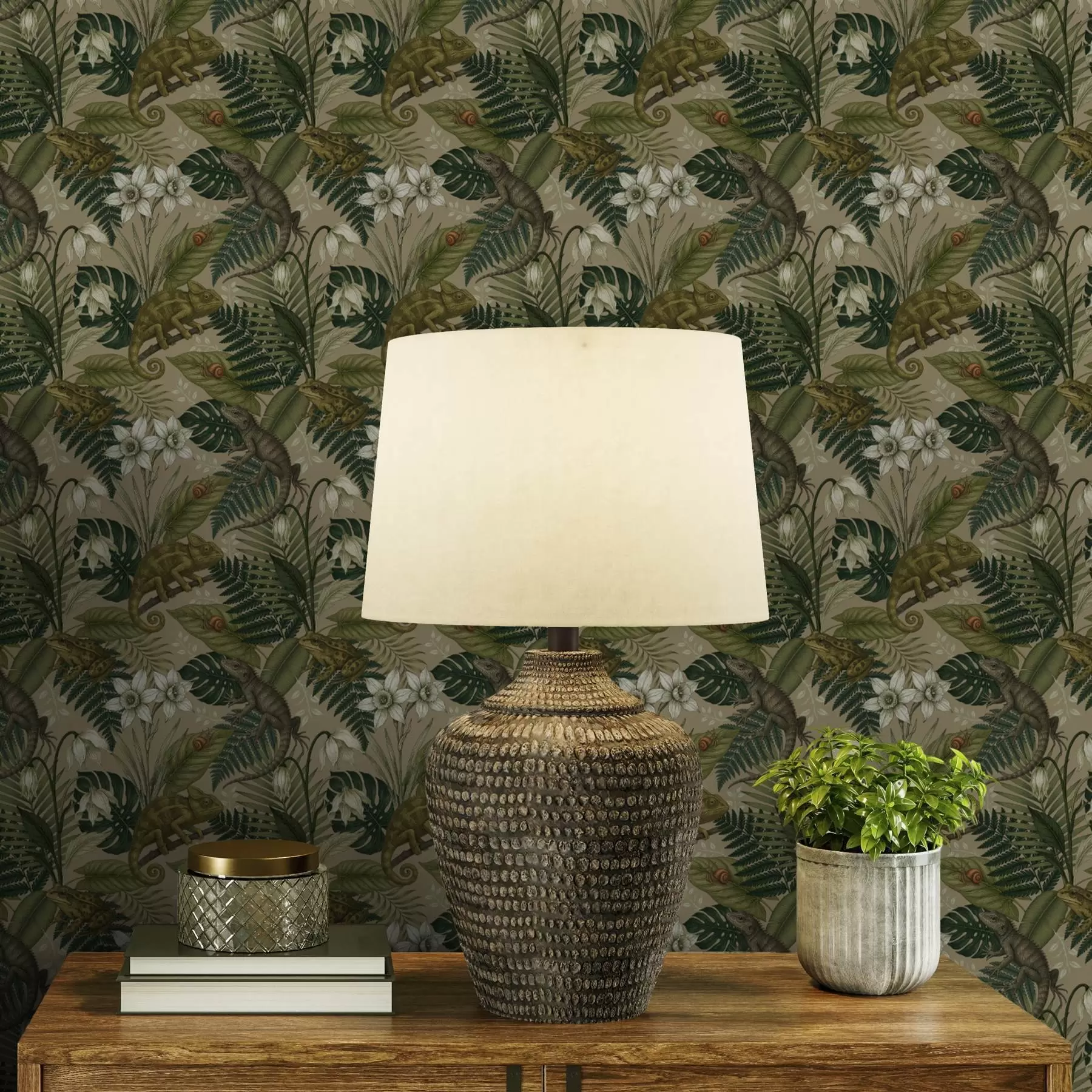 Фототапет Хамелеони и тропически листа, бели цветя, бежова основа a00608