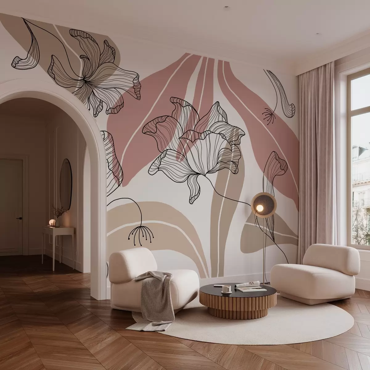 Фототапет абстрактни листа и цветя в прахообразни и бежови тонове w04499