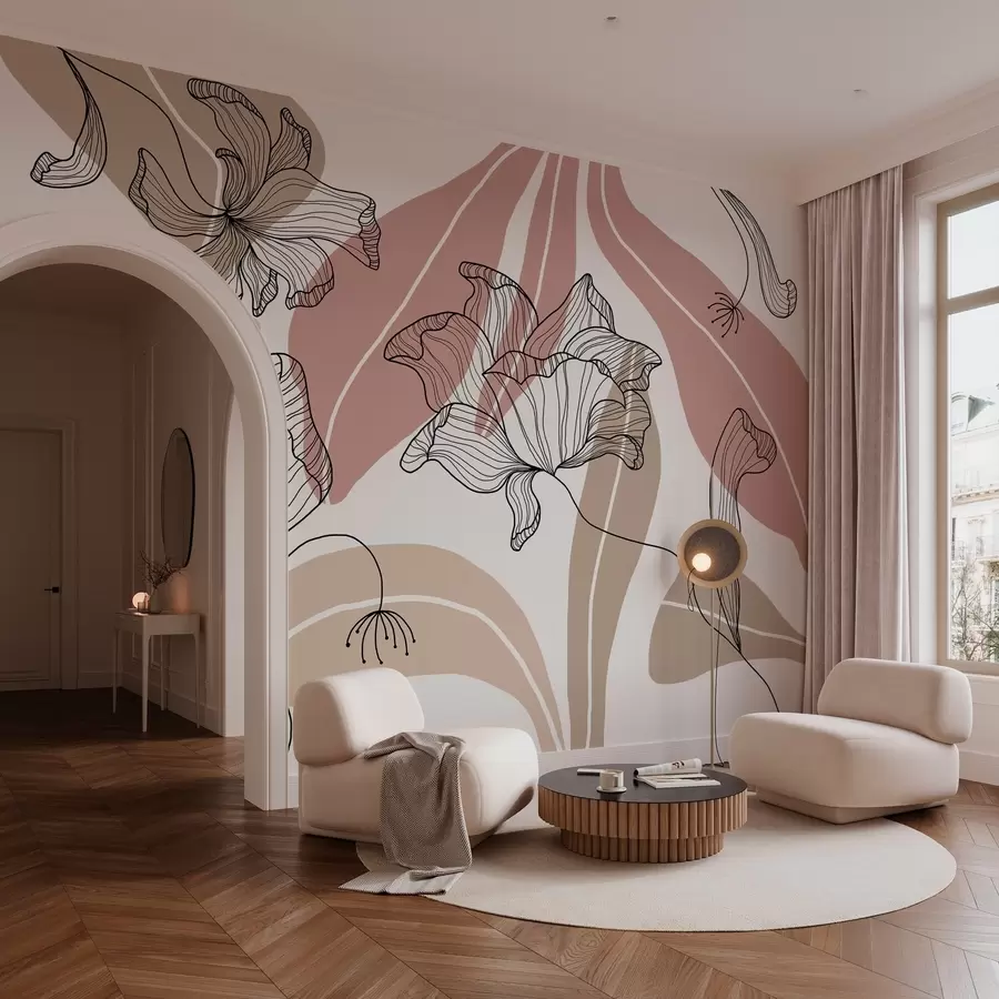 Фототапет абстрактни листа и цветя в прахообразни и бежови тонове w04499