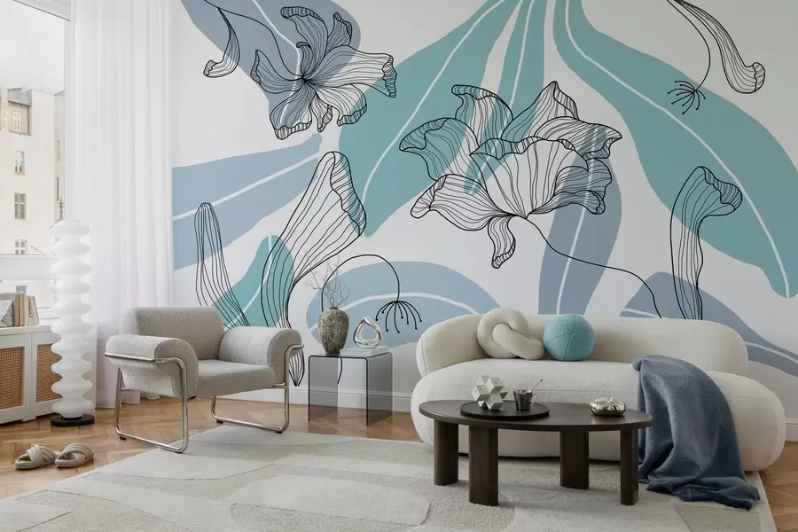 Фототапет абстрактни листа и цветя в сини тонове w04499v2