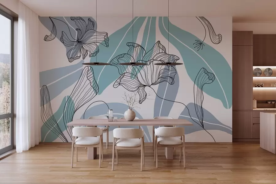 Фототапет абстрактни листа и цветя в сини тонове w04499v2