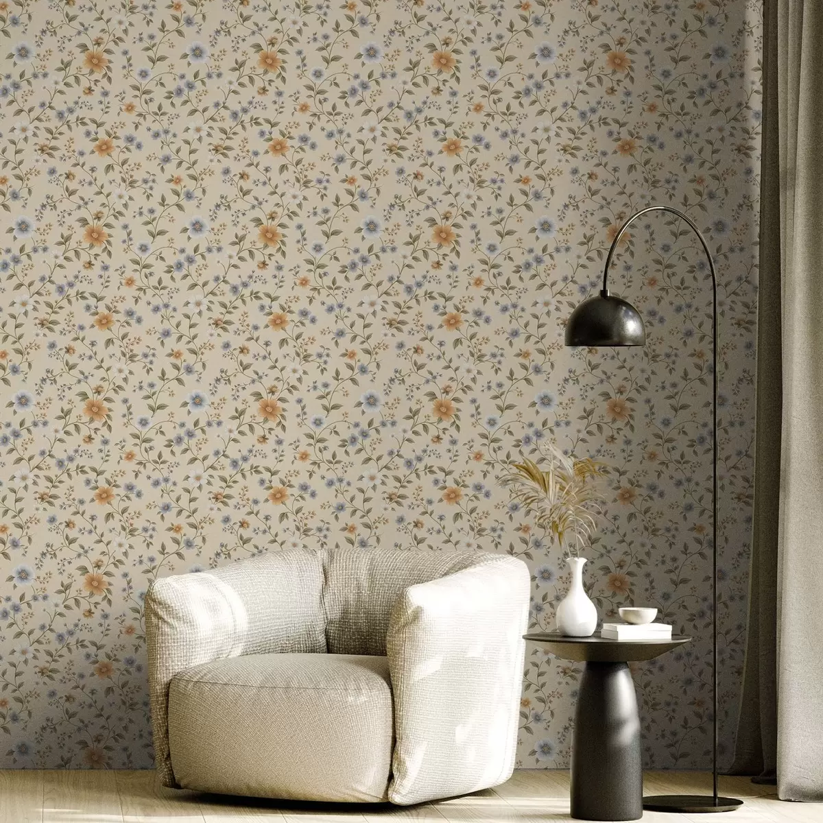 Тапети Цветни клонки със сини и прасковени цветя a00575