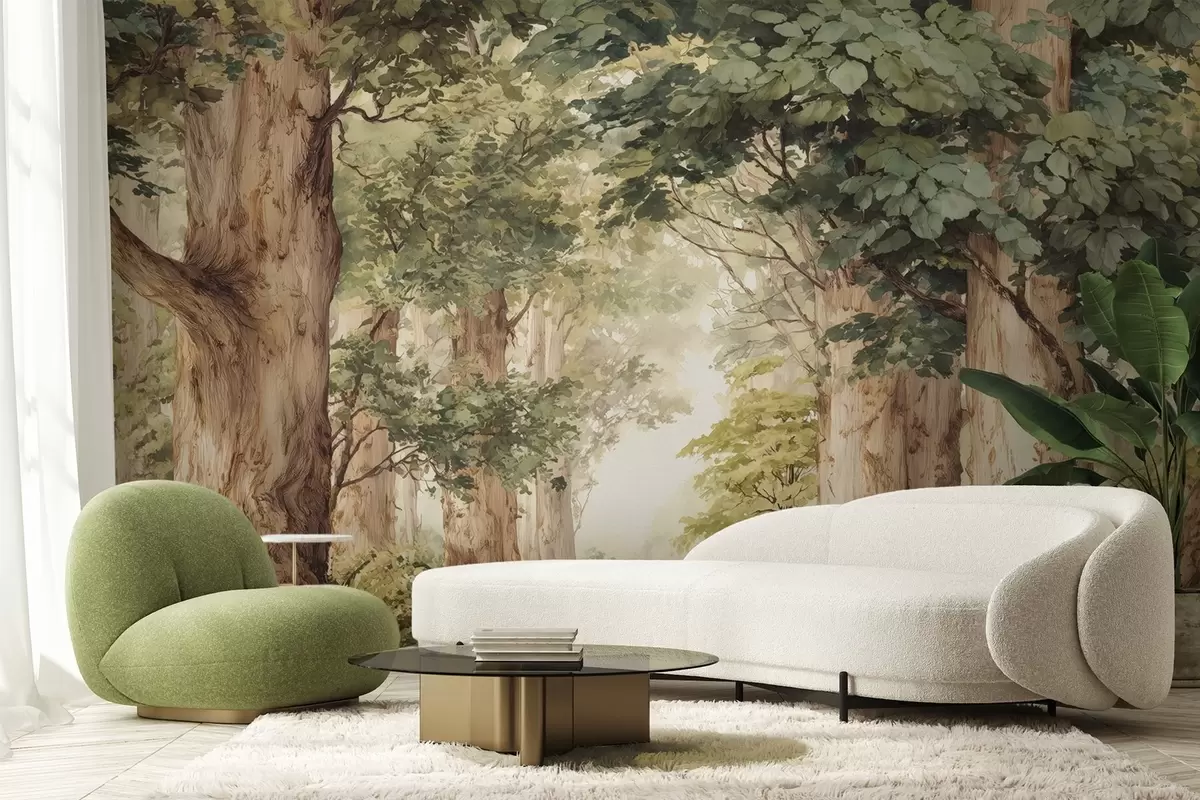 Фототапет Горска пътека сред величествени дървета в акварелен стил w09404