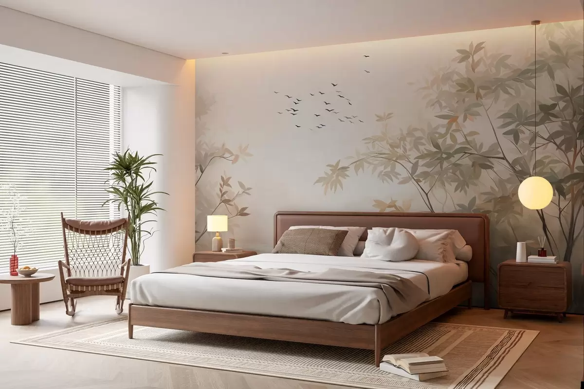 Фототапет Текстуриран пейзаж с дървета и ято птици, летящи в небето, пастелни цветове, природна сцена  w09418