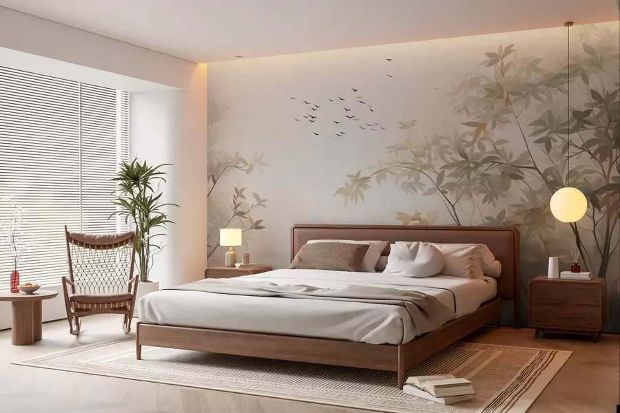 Фототапет Текстуриран пейзаж с дървета и ято птици, летящи в небето, пастелни цветове, природна сцена  w09418