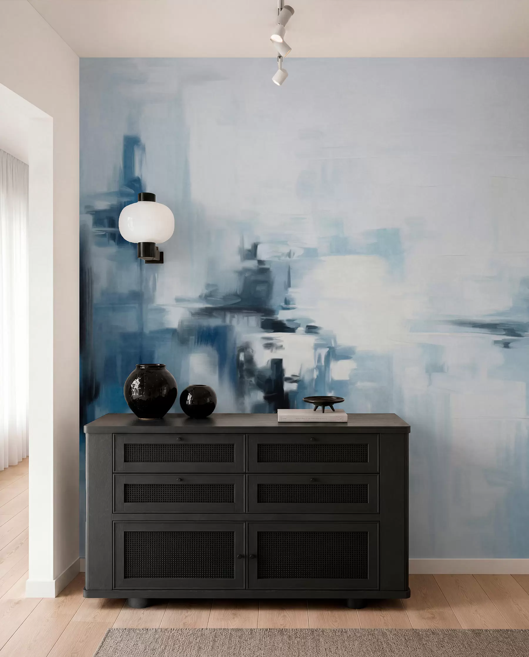 Фототапет Абстрактна текстурирана имитация на пейзажна живопис със сини и бели мазки, модерен стил w09422