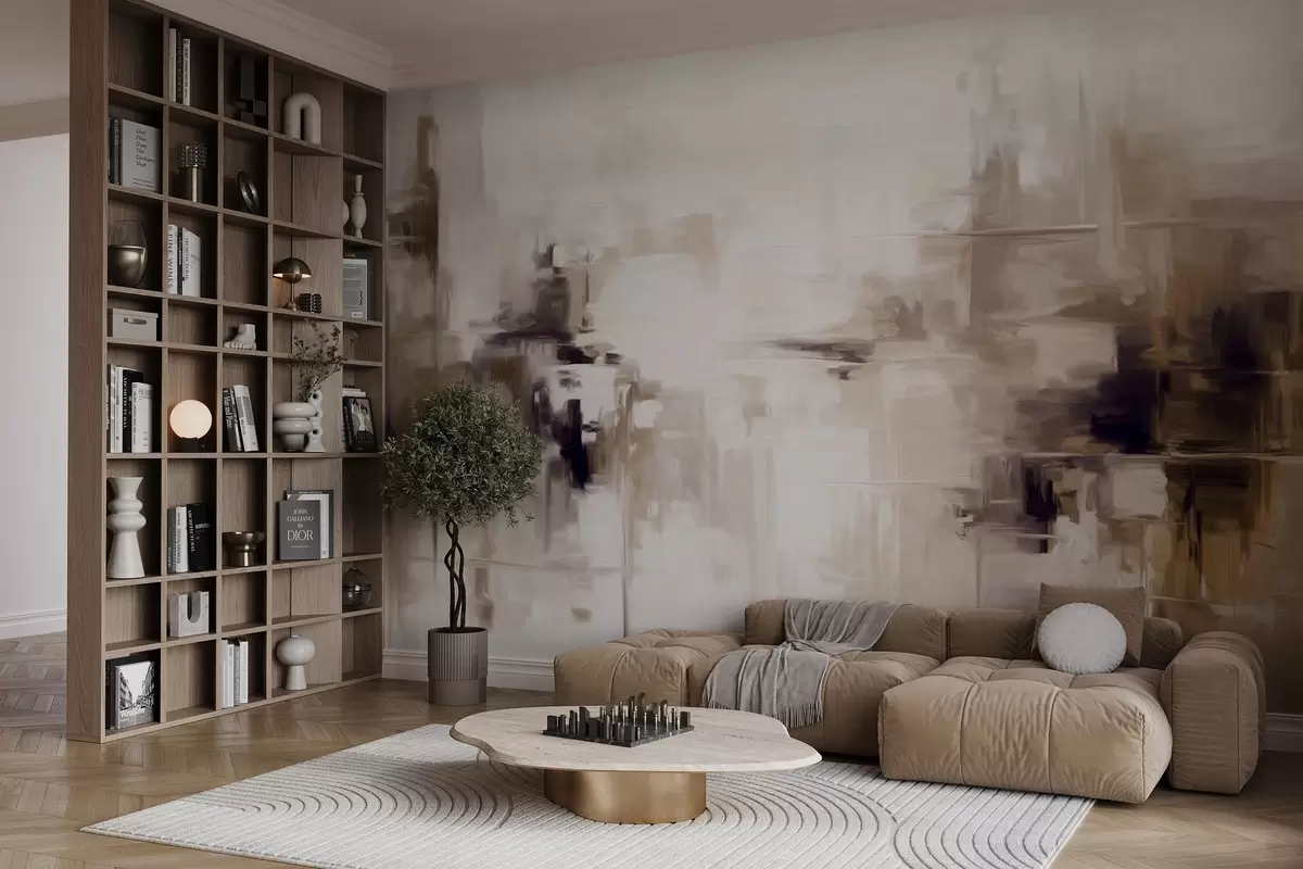 Фототапет Абстрактна текстурирана имитация на пейзажна живопис с кафяви и бели мазки, модерен стил w09422v1