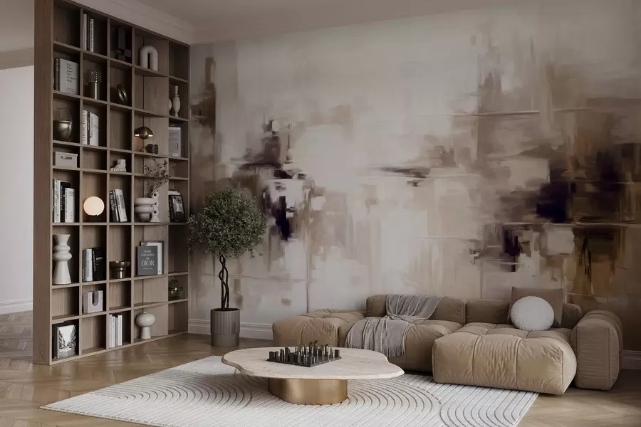 Фототапет Абстрактна текстурирана имитация на пейзажна живопис с кафяви и бели мазки, модерен стил w09422v1