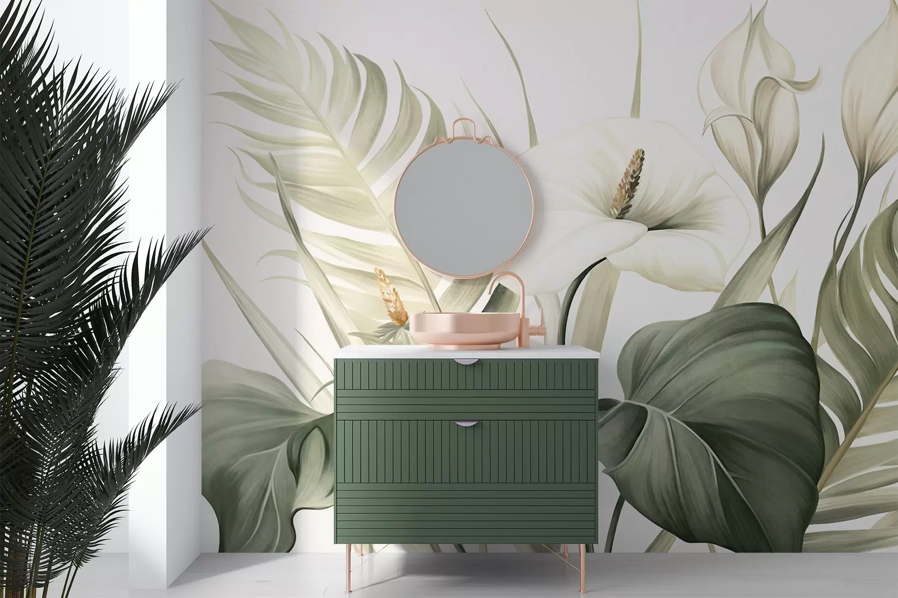 Фототапет Бели кали и зелени тропически листа, ботаническа илюстрация, светъл фон, винтидж стил, текстуриран w09423