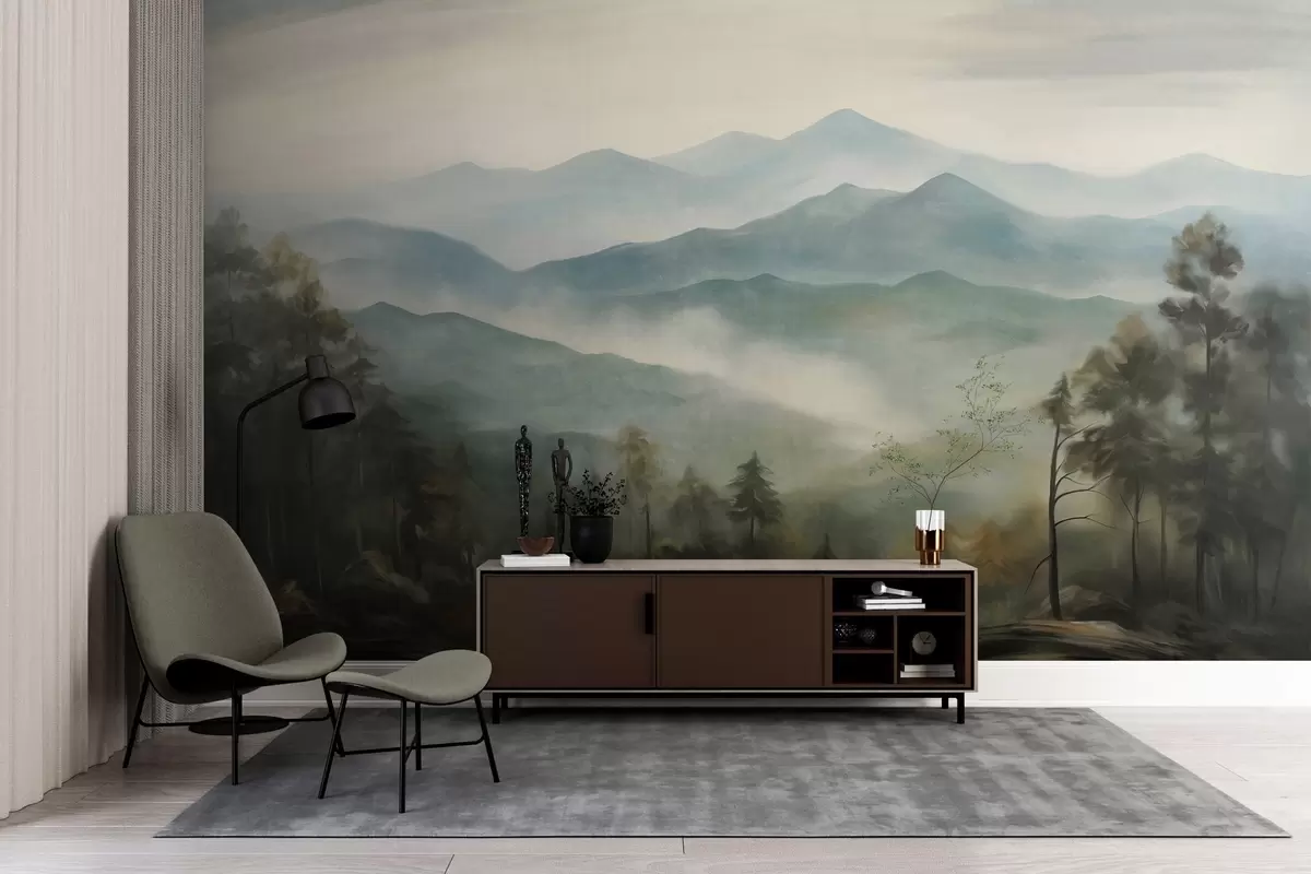 Фототапет Мъглива планинска верига с дървета, мъгла, облачно небе, приглушени цветове, стил на пейзажна живопис w09424