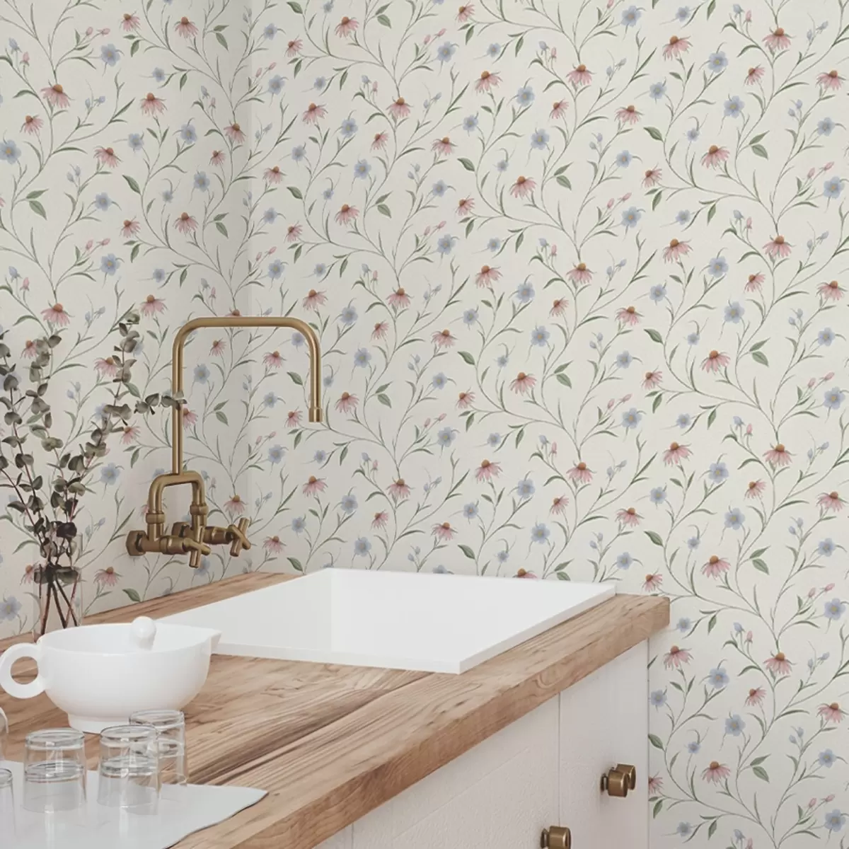 Тапети Полеви маргаритки и ехинацея на кремав фон, лекота a00614