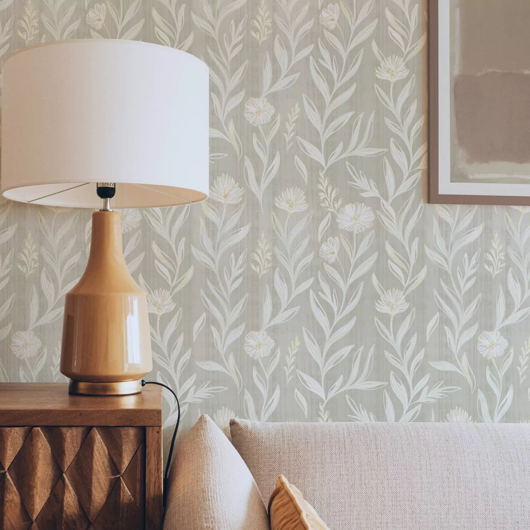 Фототапет Светли треви и цветя върху бежови, схематични линии a00618