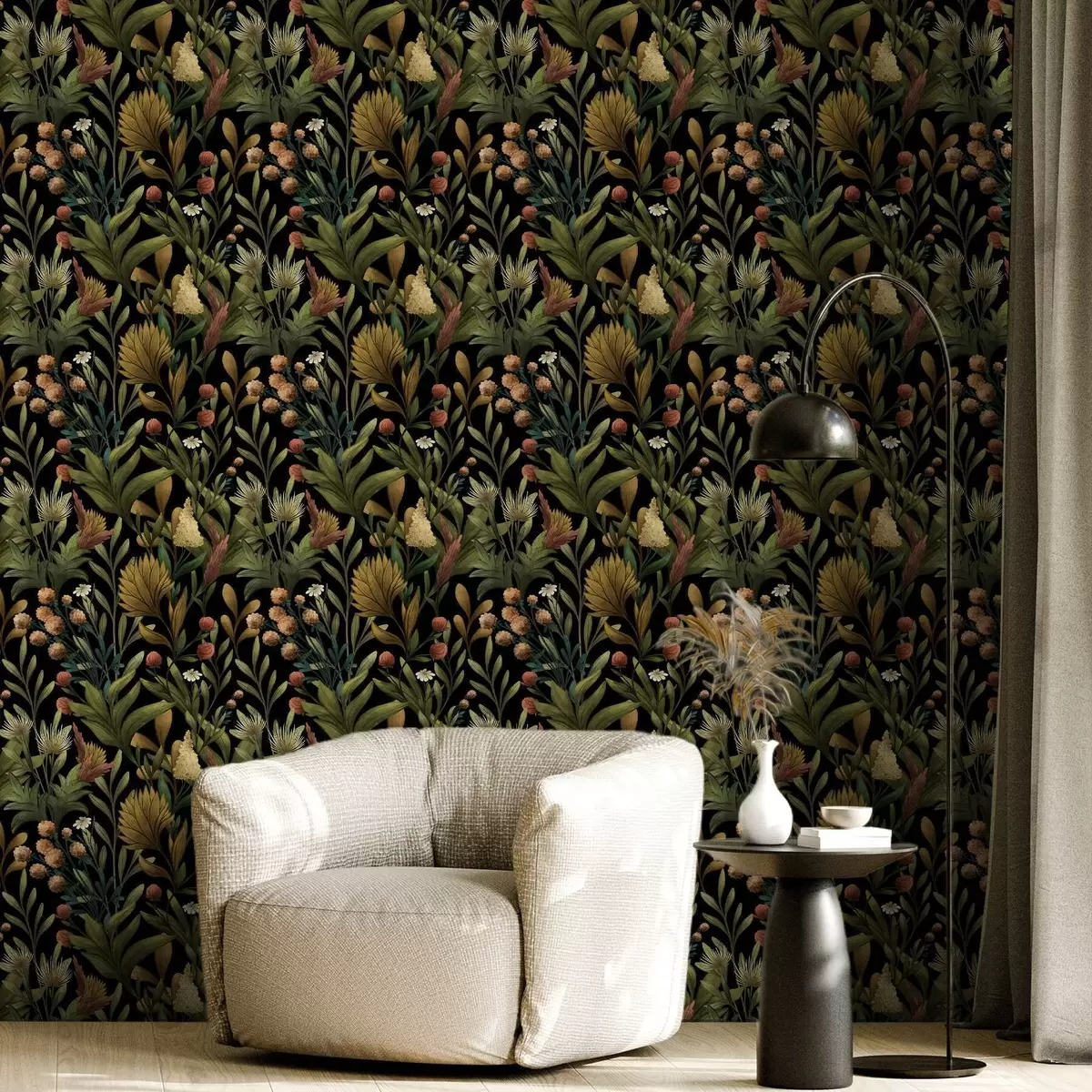 Тапети Ботаническа градина на черен фон, топла есенна палитра a00619