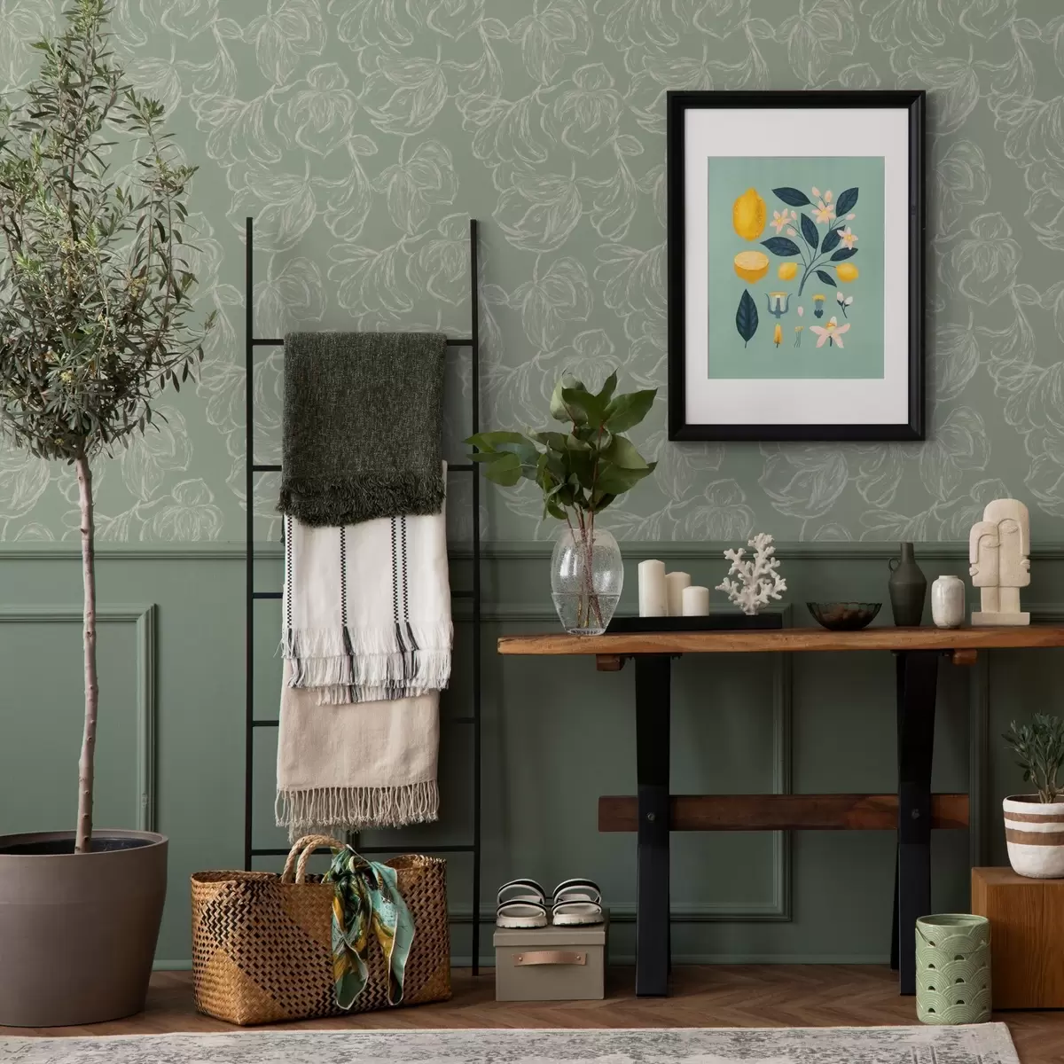 Тапети Линейни големи цветя, креда върху салвиен фон a00625v1