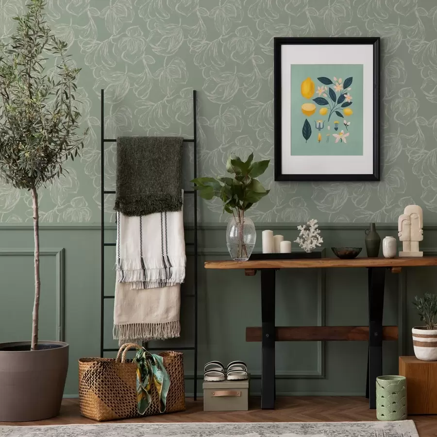 Фототапет Линейни големи цветя, креда върху салвиен фон a00625v1