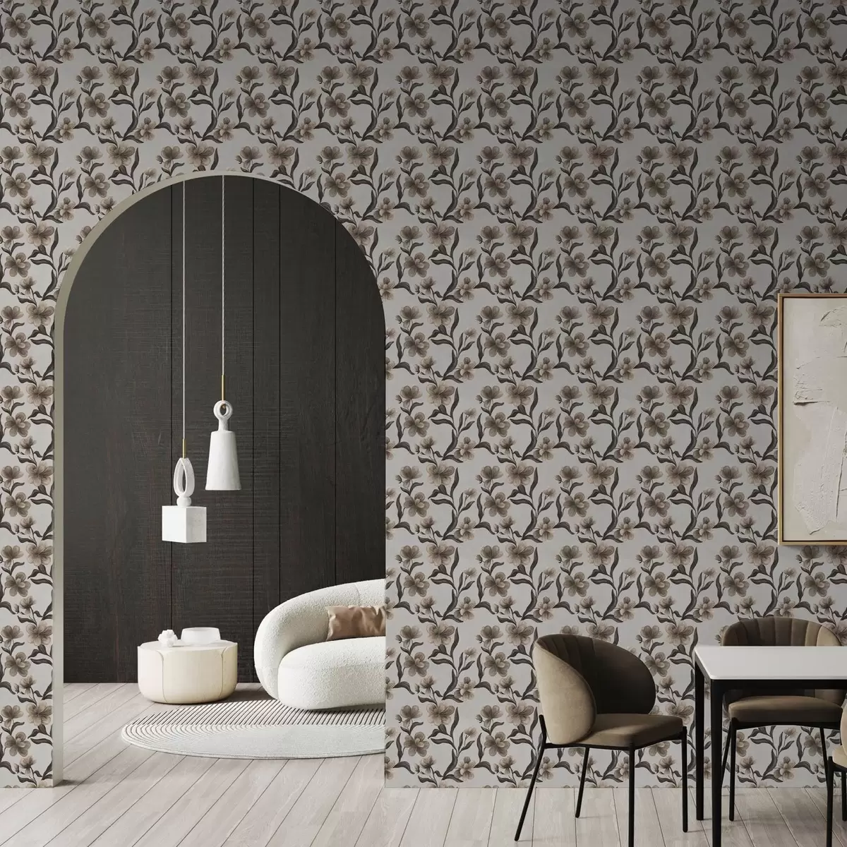 Тапети Бежови цветя и тъмни клони на светлосив фон a00626v1