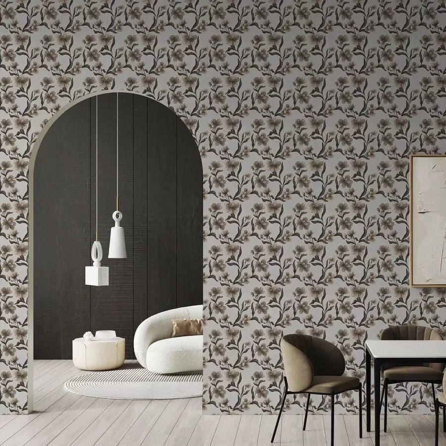 Фототапет Бежови цветя и тъмни клони на светлосив фон a00626v1