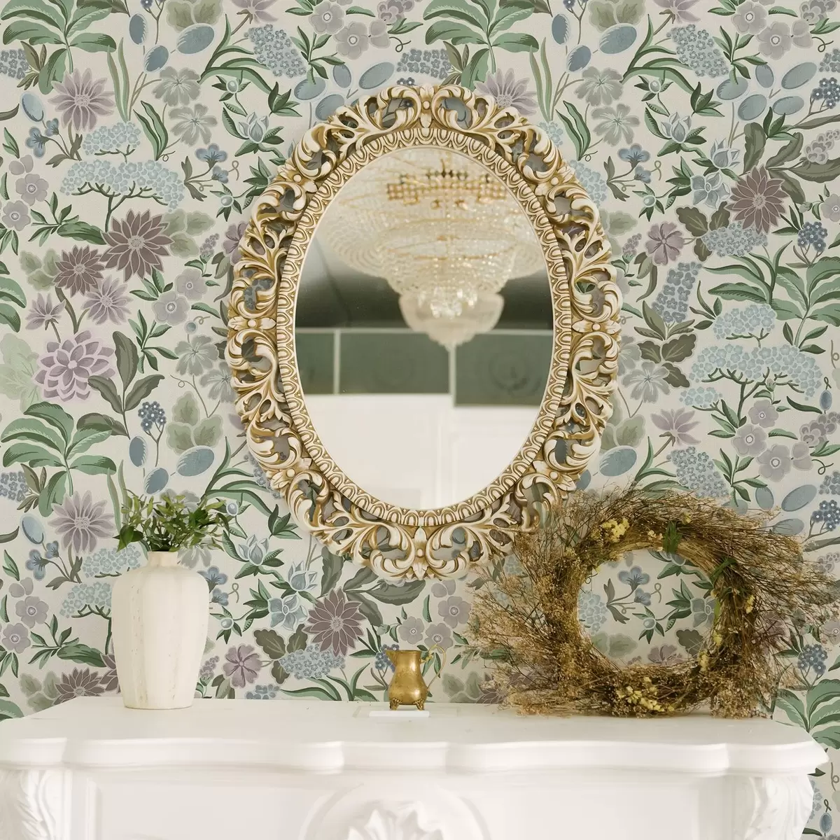 Тапети Пастелни цветя и листа в ментово-синя палитра a00642