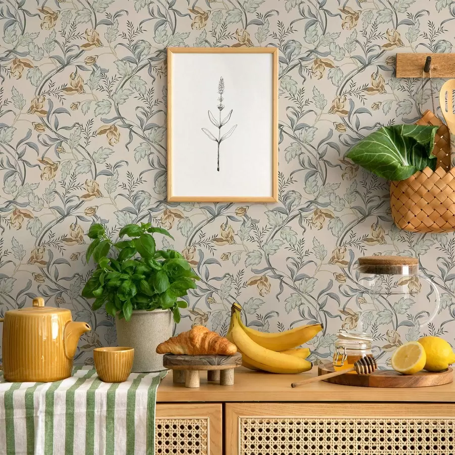 Фототапет Ретро цветя със синьо листа на кремав фон a00717