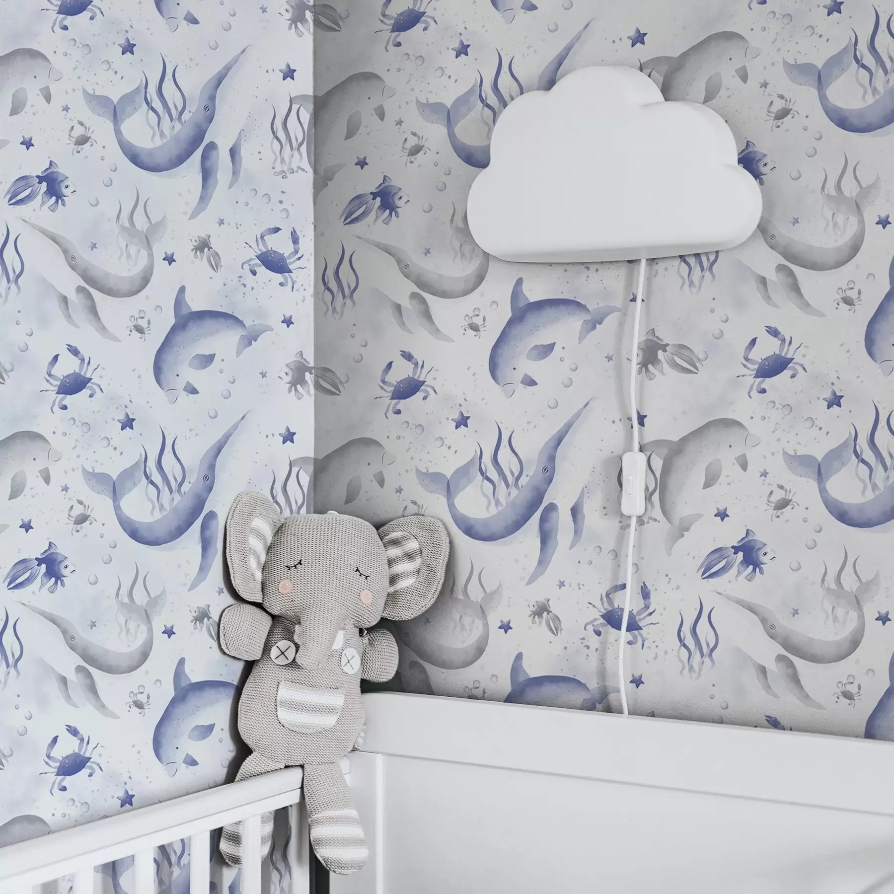 Фототапет Морски китове и делфини в сини тонове на бял фон a00720v1