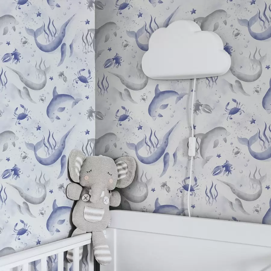 Фототапет Морски китове и делфини в сини тонове на бял фон a00720v1