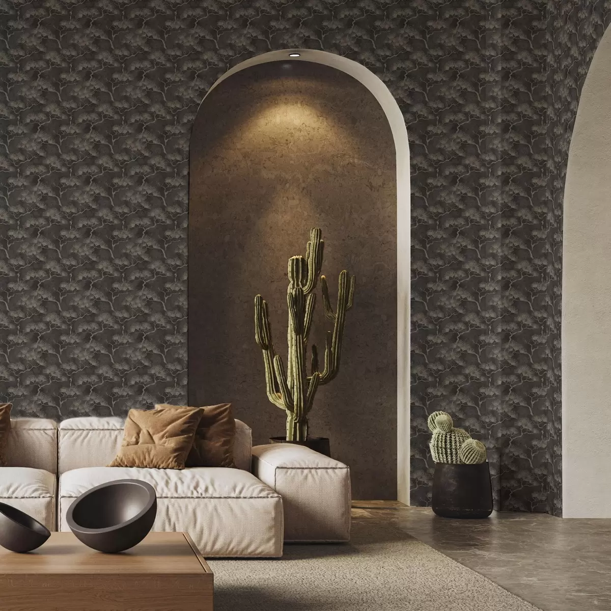 Тапети Силуети на борове на тъмен фон, мъглива текстура a00742