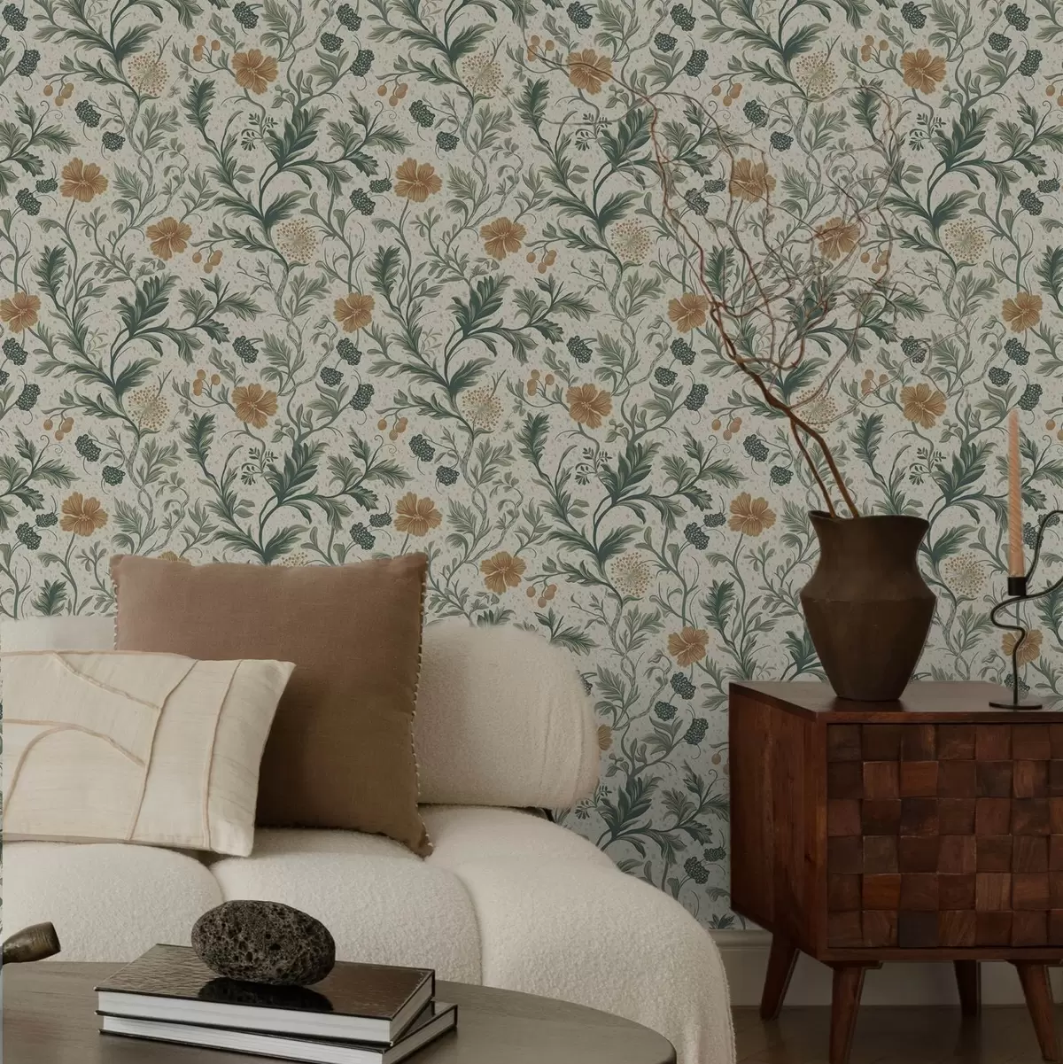 Тапети Тънки клони с цветя и плодове на зърнест фон a00744