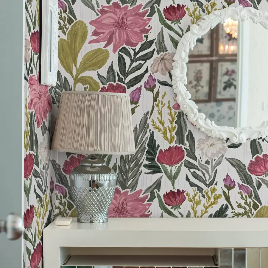 Фототапет Пъстри розови и кремави цветя на бял фон, импасто текстура a00629v1